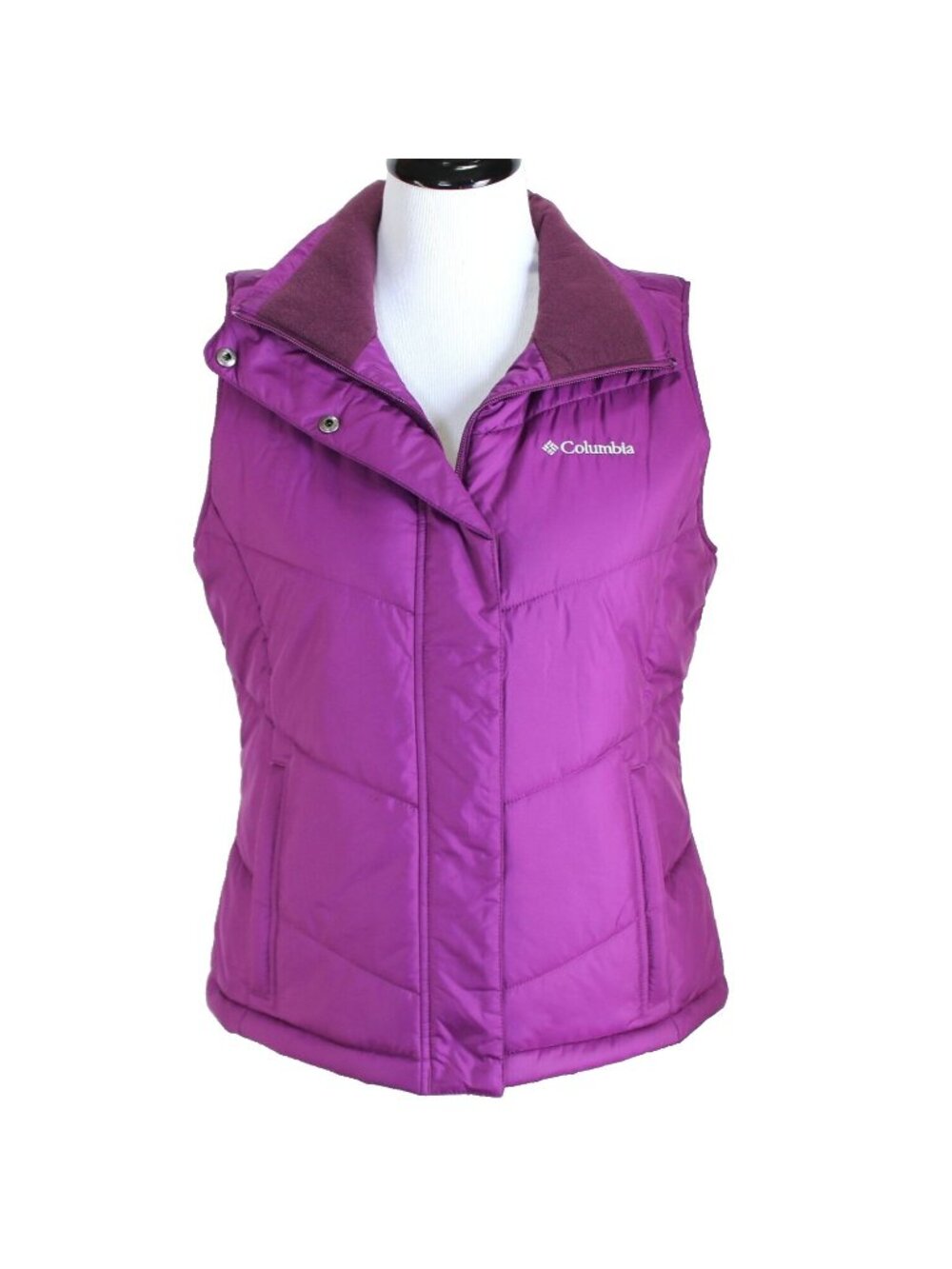 Columbia Quilted Puffer Vest Womens Sz M Purple Zip Front Fleece Lined Pockets